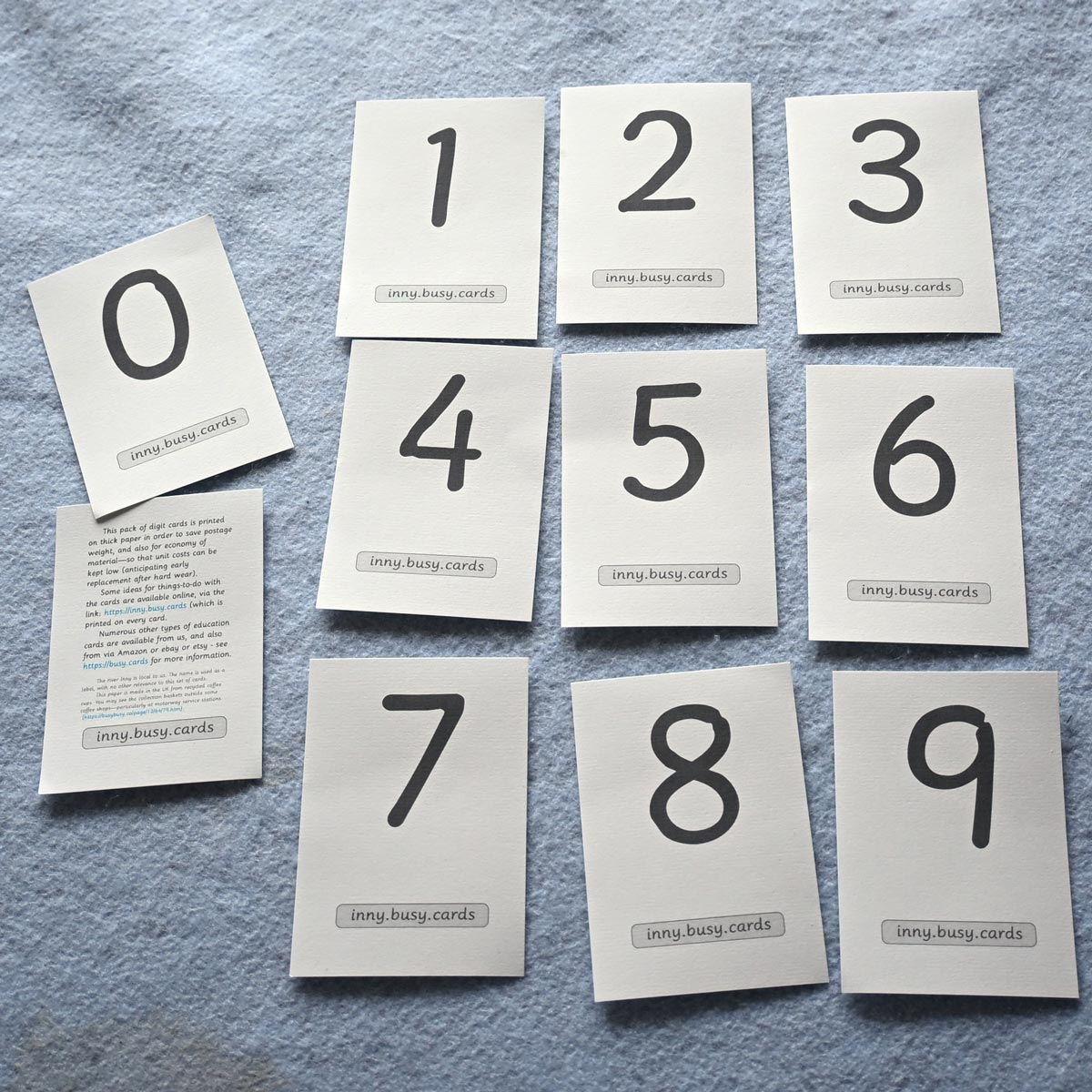 Digits clearly printed on cards, laid out on a table top